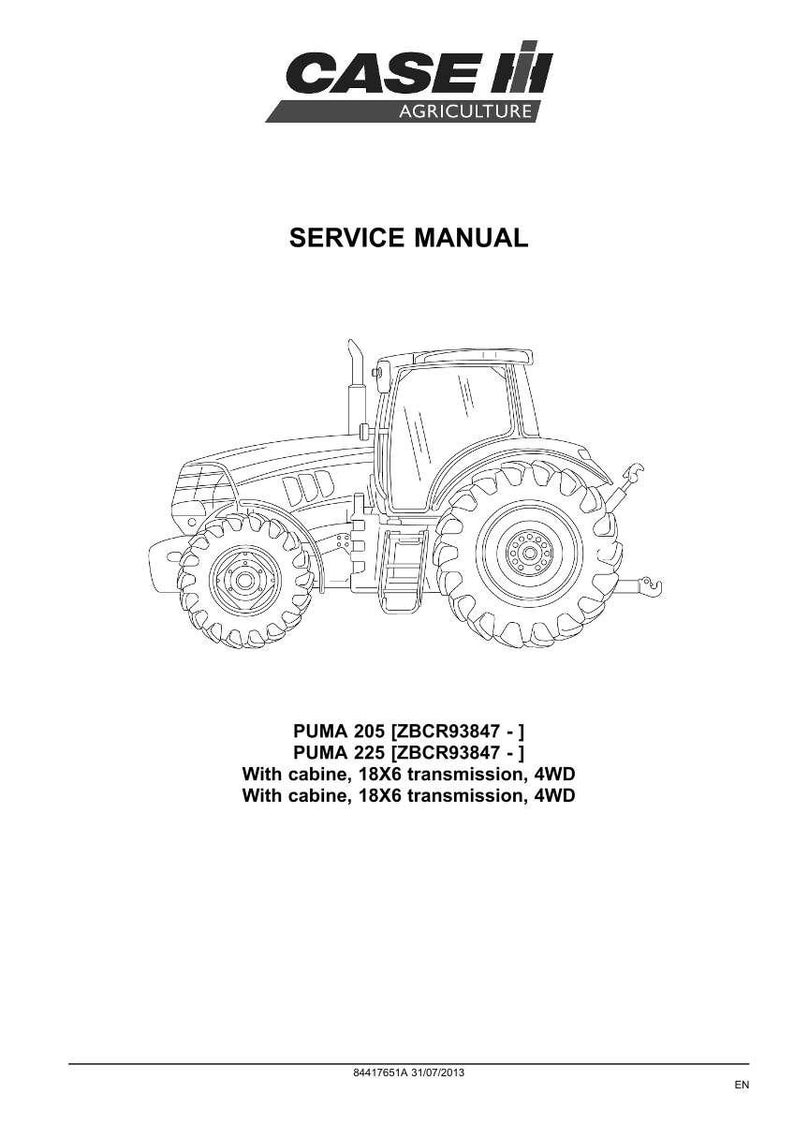 May include: A service manual cover featuring a line drawing of a tractor. The Case IH Agriculture logo is at the top. Text includes "SERVICE MANUAL" and tractor model information: PUMA 205 and PUMA 225.