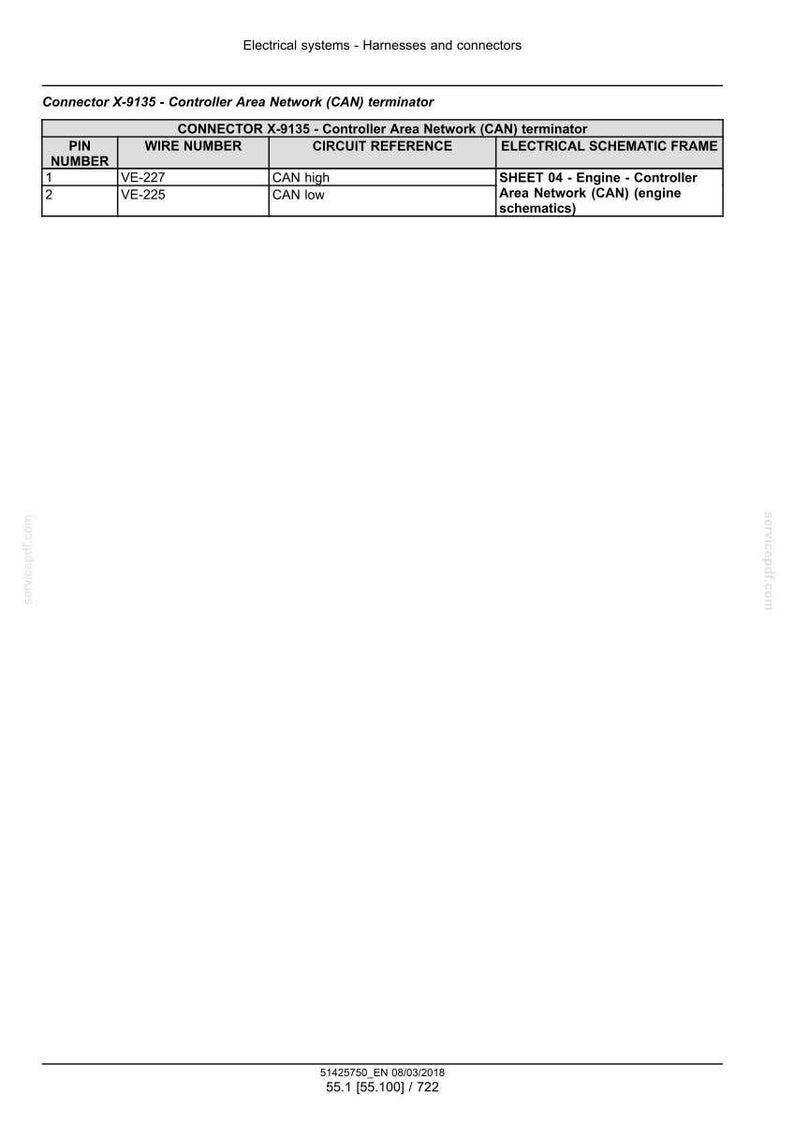 May include: A technical diagram detailing electrical systems, harnesses, and connectors. The image features a table with pin numbers, wire numbers, circuit references, and electrical schematic frame information for a Controller Area Network (CAN) terminator.