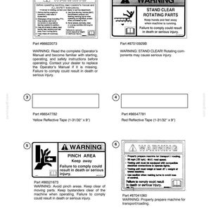 Puede incluir: Una p&aacute;gina de documento t&eacute;cnico titulada SECTION 90 - DECALS - CHAPTER 1, que muestra seis calcoman&iacute;as de seguridad numeradas. Incluye etiquetas de advertencia con texto, iconos de piezas giratorias y zonas de pellizco, y cintas reflectantes.