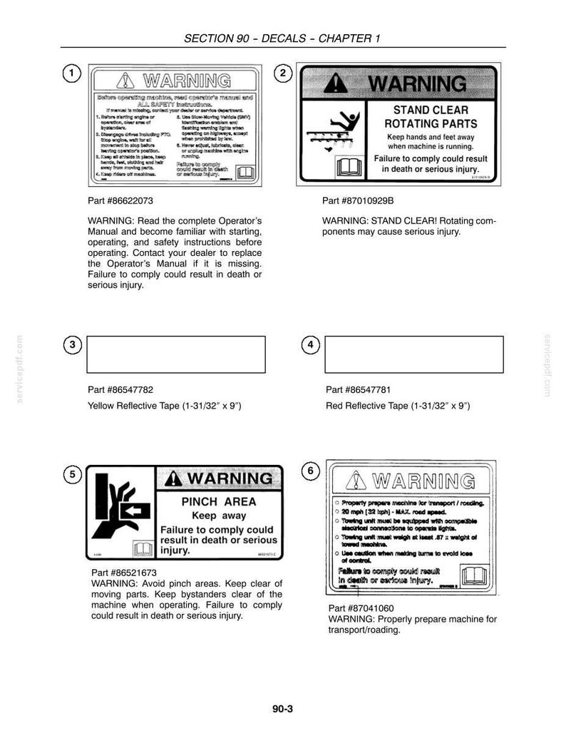 Puede incluir: Una p&aacute;gina de documento t&eacute;cnico titulada SECTION 90 - DECALS - CHAPTER 1, que muestra seis calcoman&iacute;as de seguridad numeradas. Incluye etiquetas de advertencia con texto, iconos de piezas giratorias y zonas de pellizco, y cintas reflectantes.