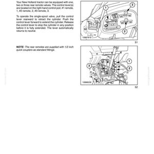 May include: A technical manual page titled SECTION 2 - OPERATION, detailing the REAR REMOTE CONTROL VALVE for a New Holland tractor. It includes text instructions, two black and white line drawings of control levers and hydraulic couplers, and labels 1, 2, and 3.