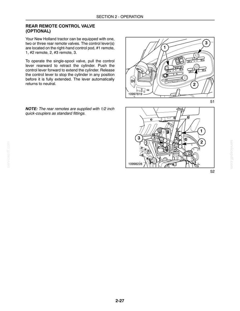 May include: A technical manual page titled SECTION 2 - OPERATION, detailing the REAR REMOTE CONTROL VALVE for a New Holland tractor. It includes text instructions, two black and white line drawings of control levers and hydraulic couplers, and labels 1, 2, and 3.