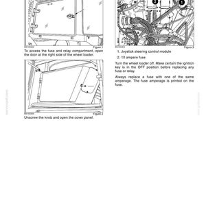 May include: Diagram illustrating a wheel loader's electrical system, detailing fuse and relay positions. Includes instructions for accessing the fuse compartment and replacing fuses. Text includes "FUSES AND RELAYS" and "10 ampere fuse."