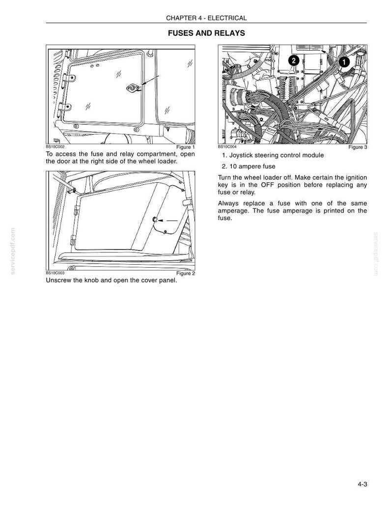 May include: Diagram illustrating a wheel loader's electrical system, detailing fuse and relay positions. Includes instructions for accessing the fuse compartment and replacing fuses. Text includes "FUSES AND RELAYS" and "10 ampere fuse."