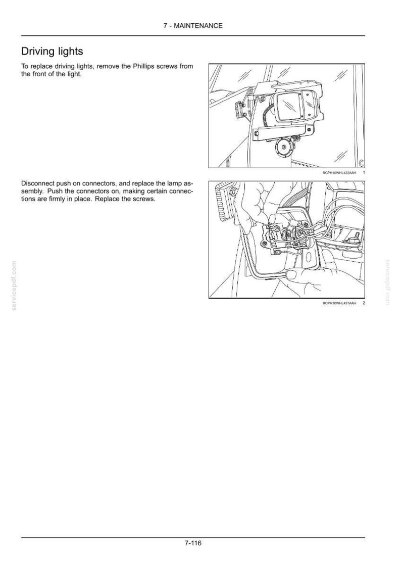 May include: Diagram illustrating the process of replacing driving lights. The image shows the removal of Phillips screws, disconnecting connectors, and replacing the lamp assembly. The text provides step-by-step instructions for the maintenance procedure.