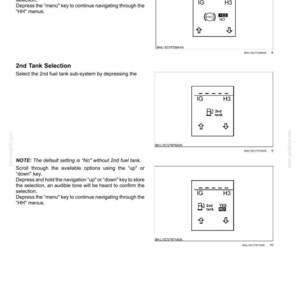 May include: A technical document page titled HYDRAULIC, PNEUMATIC, ELECTRICAL, ELECTRONIC SYSTEMS - ELECTRONIC SYSTEM. It features instructions for navigating menus using up and down keys, with three diagrams showing display screens labeled IG and H3.