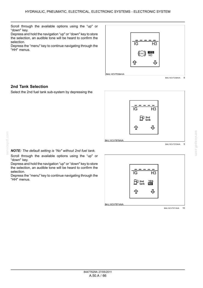 May include: A technical document page titled HYDRAULIC, PNEUMATIC, ELECTRICAL, ELECTRONIC SYSTEMS - ELECTRONIC SYSTEM. It features instructions for navigating menus using up and down keys, with three diagrams showing display screens labeled IG and H3.
