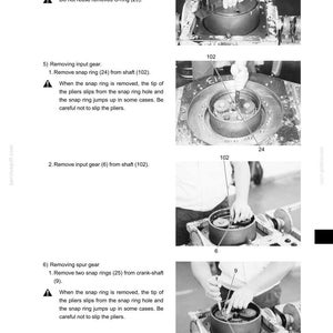 May include: A grayscale technical manual page with step-by-step instructions for mechanical repairs. The images show hands working on machinery components, including gears, bolts, and snap rings. Text includes part numbers and safety warnings.