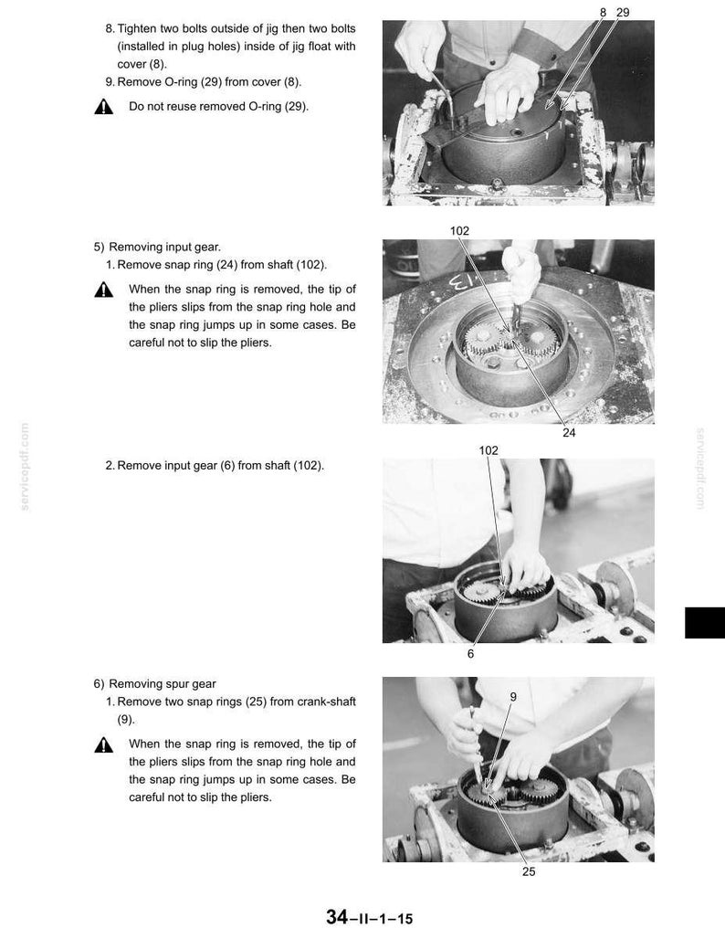 May include: A grayscale technical manual page with step-by-step instructions for mechanical repairs. The images show hands working on machinery components, including gears, bolts, and snap rings. Text includes part numbers and safety warnings.