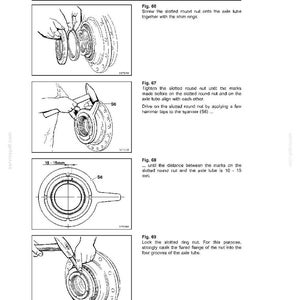 May include: Technical diagram illustrating the assembly of a travel gearbox. The image shows detailed steps, including the slotted round nut, shim rings, and axle tube. Measurements are provided in millimeters.