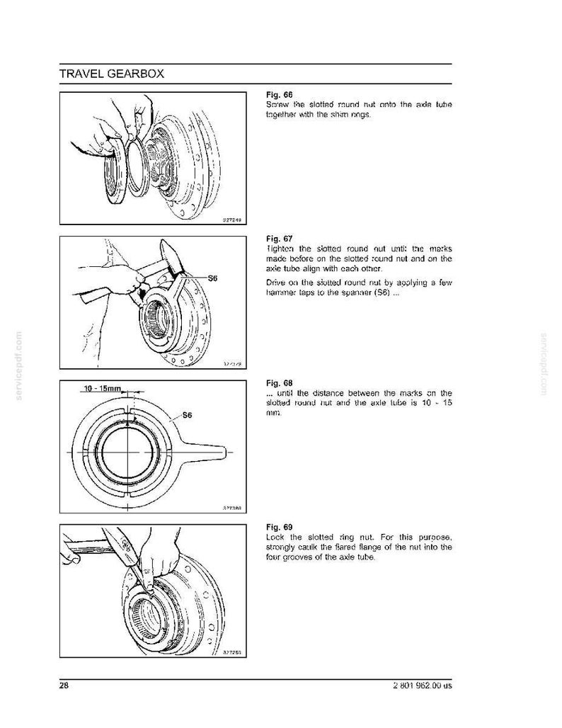 May include: Technical diagram illustrating the assembly of a travel gearbox. The image shows detailed steps, including the slotted round nut, shim rings, and axle tube. Measurements are provided in millimeters.