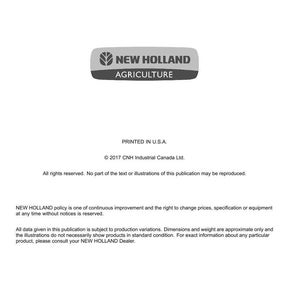 May include: A white document with the "NEW HOLLAND AGRICULTURE" logo in gray and white. The text includes "Printed in U.S.A." and copyright information for CNH Industrial Canada Ltd.