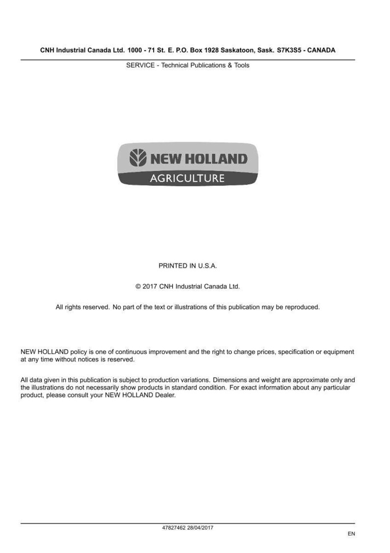 May include: A white document with the "NEW HOLLAND AGRICULTURE" logo in gray and white. The text includes "Printed in U.S.A." and copyright information for CNH Industrial Canada Ltd.