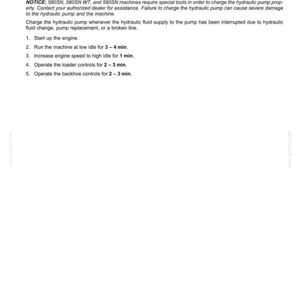 May include: A page from a maintenance manual with the title "Hydraulic pump." The text provides instructions for charging the hydraulic pump, including starting the engine and operating controls for specific durations. The page number is 7-131.