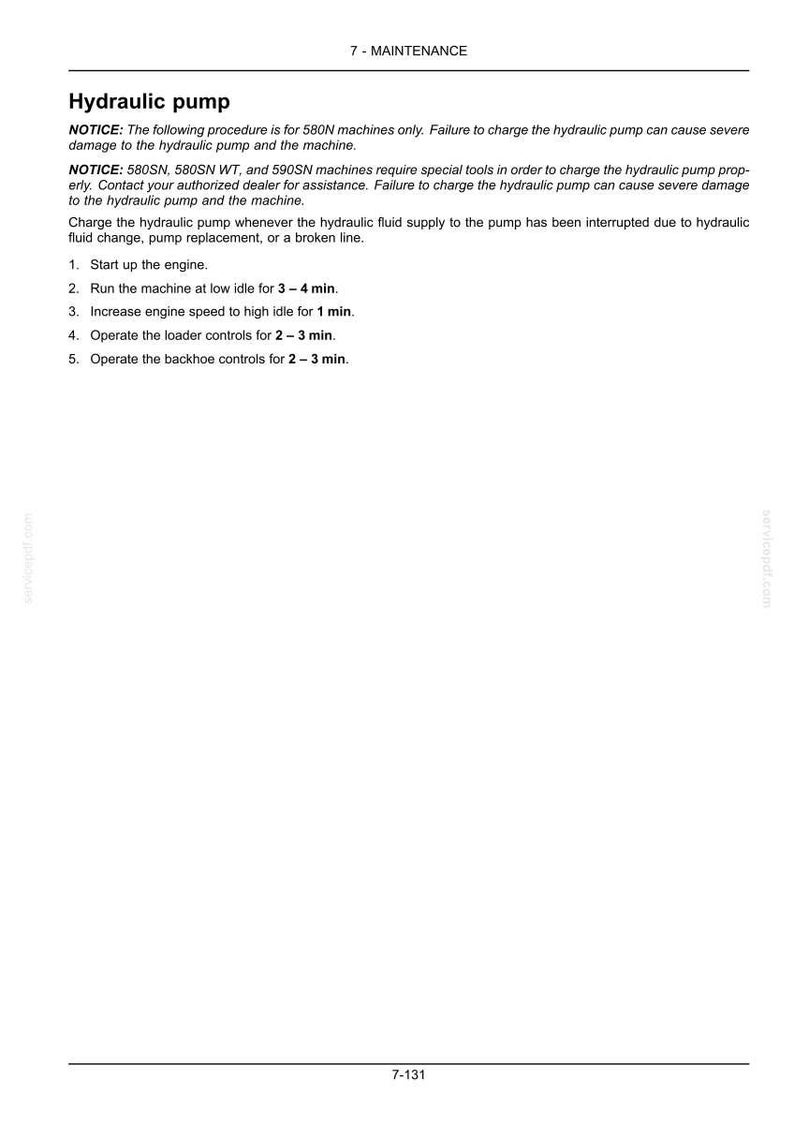 May include: A page from a maintenance manual with the title "Hydraulic pump." The text provides instructions for charging the hydraulic pump, including starting the engine and operating controls for specific durations. The page number is 7-131.