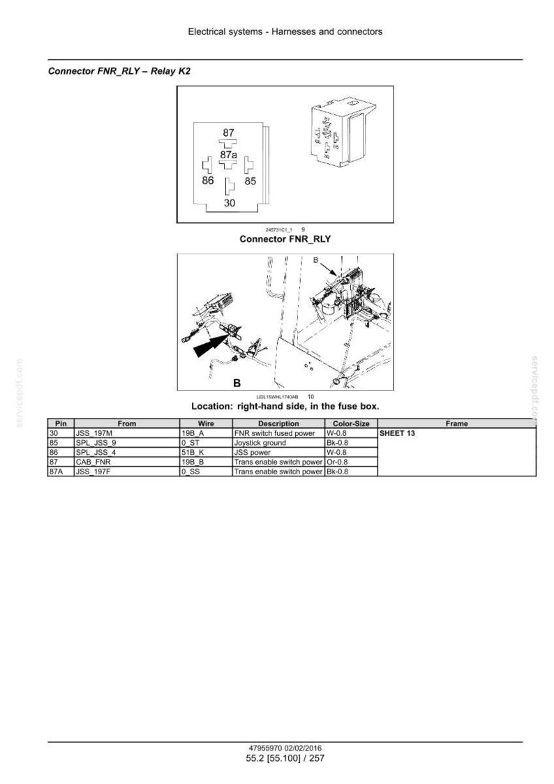 May include: Diagram of electrical connectors and wiring, labeled "Connector FNR_RLY - Relay K2." Includes a table detailing pin connections, wire descriptions, and color sizes. The diagram is for electrical systems, harnesses, and connectors.