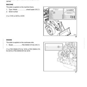 May include: Diagram of a wheel loader 21E with component identification plates. The image includes diagrams of the machine frame and engine, with labels for type/model and serial number. The CASE logo is visible.