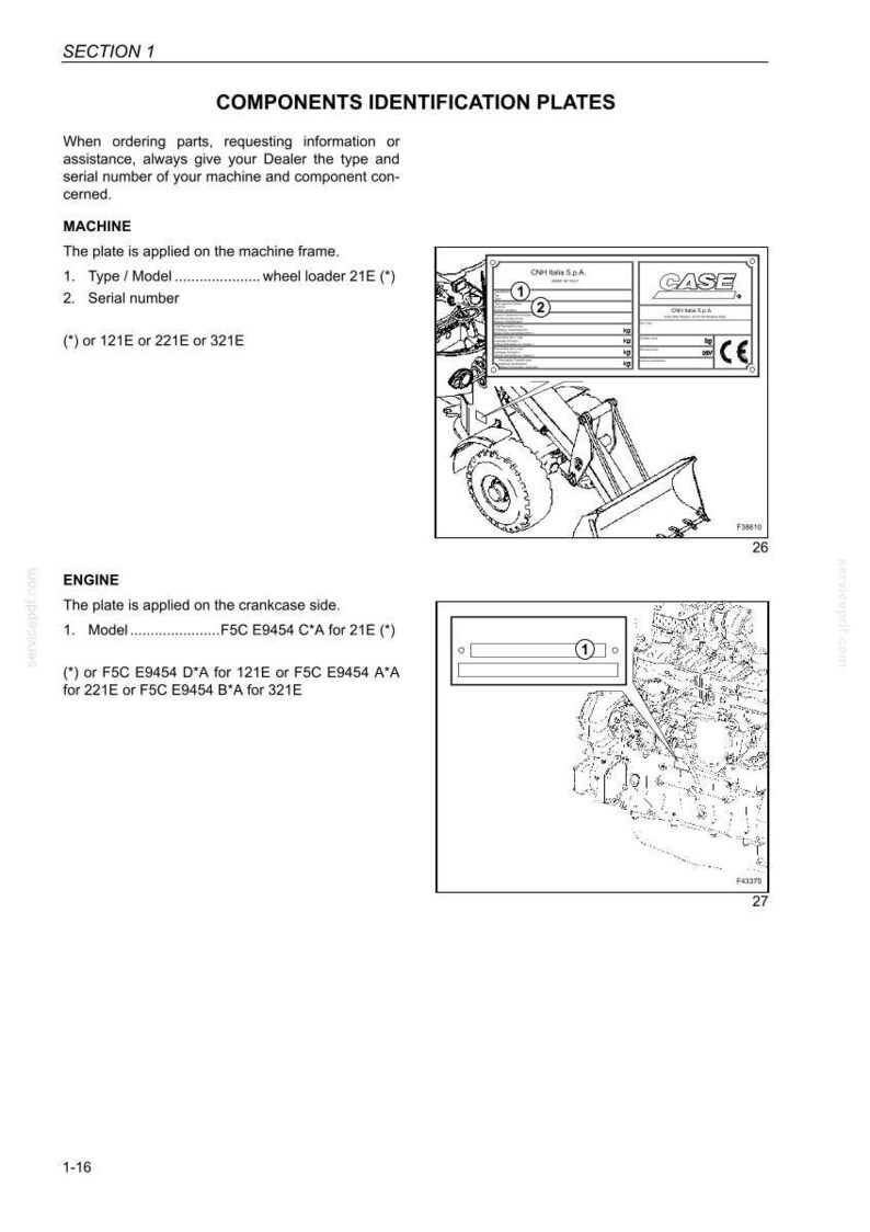 May include: Diagram of a wheel loader 21E with component identification plates. The image includes diagrams of the machine frame and engine, with labels for type/model and serial number. The CASE logo is visible.