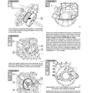 May include: Diagram of an engine F4GE0684F - F4HE0684J overhaul, with detailed illustrations of timing, flywheel housing, and screw tightening sequences. Includes figures 318, 319, 320, 321, and 322, with instructions and measurements in Nm.