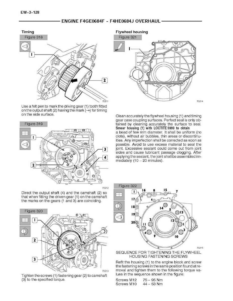May include: Diagram of an engine F4GE0684F - F4HE0684J overhaul, with detailed illustrations of timing, flywheel housing, and screw tightening sequences. Includes figures 318, 319, 320, 321, and 322, with instructions and measurements in Nm.