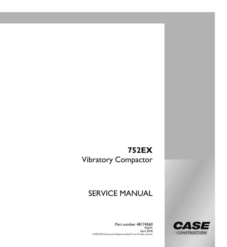 May include: A white service manual for a 752EX Vibratory Compactor. The cover includes the text "SERVICE MANUAL", the part number, and the Case Construction logo. The manual is in English and dated April 2018.