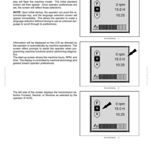 Op de afbeelding: Diagram van een multifunctioneel LCD-scherm met machine-informatie. Het scherm toont RPM, uren en tijd, met indicatoren voor Vooruit, Neutraal en Achteruit. Het display maakt deel uit van de bedieningselementen en instrumenten.