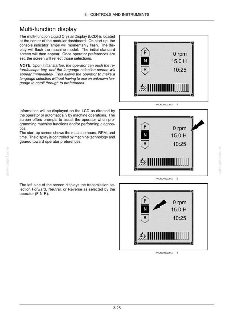 Op de afbeelding: Diagram van een multifunctioneel LCD-scherm met machine-informatie. Het scherm toont RPM, uren en tijd, met indicatoren voor Vooruit, Neutraal en Achteruit. Het display maakt deel uit van de bedieningselementen en instrumenten.