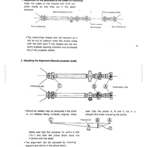 May include: A technical diagram titled PROPELLER SHAFT INSPECTION AND ADJUSTMENT. It illustrates the alignment of second and third propeller shafts, showing yokes, differential sides, transmission sides, and points A, B, and C with a 5 mm tolerance.