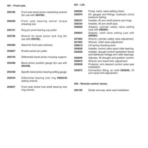 May include: Page 2 of a service tools manual, listing tools for front wheel drive and lift unit systems. Includes wrenches, gauges, and installation guides for various automotive components.