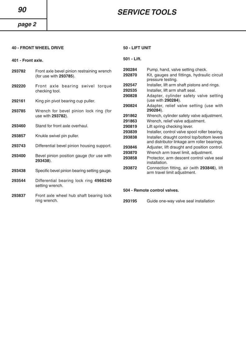 May include: Page 2 of a service tools manual, listing tools for front wheel drive and lift unit systems. Includes wrenches, gauges, and installation guides for various automotive components.