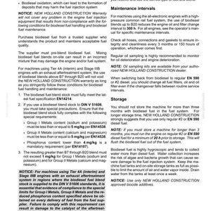 Peut inclure: Une page de document technique intitul&eacute;e 7-MAINTENANCE avec du texte noir sur fond blanc. Elle fournit des instructions d&eacute;taill&eacute;es concernant l'utilisation du biodiesel, les intervalles d'entretien et les exigences de stockage pour les machines New Holland Construction.