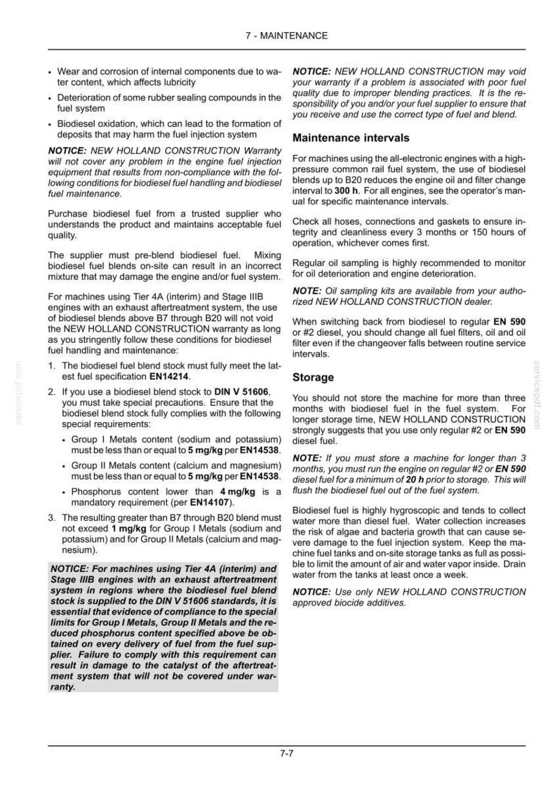 Peut inclure: Une page de document technique intitul&eacute;e 7-MAINTENANCE avec du texte noir sur fond blanc. Elle fournit des instructions d&eacute;taill&eacute;es concernant l'utilisation du biodiesel, les intervalles d'entretien et les exigences de stockage pour les machines New Holland Construction.