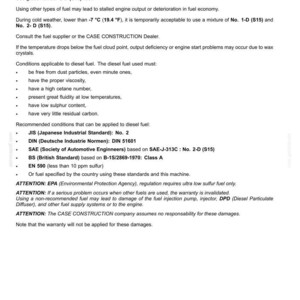 May include: A page from a maintenance manual detailing fuel specifications. The text includes information on fuel grades, diesel fuel conditions, and standards such as JIS, DIN, and SAE. Warnings about fuel use are also present.