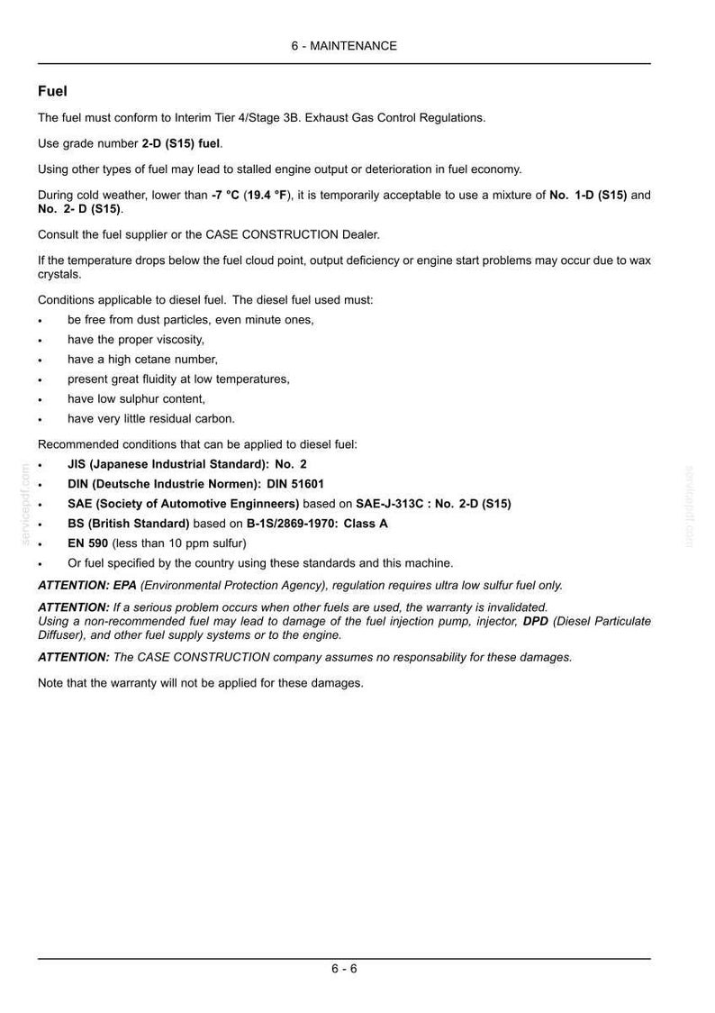May include: A page from a maintenance manual detailing fuel specifications. The text includes information on fuel grades, diesel fuel conditions, and standards such as JIS, DIN, and SAE. Warnings about fuel use are also present.