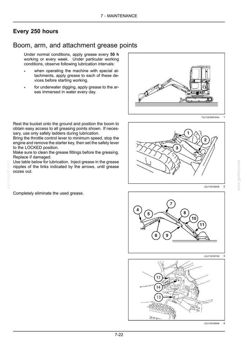 May include: Diagram of a construction vehicle with labeled grease points for maintenance. The image includes detailed illustrations of the boom, arm, and attachment areas, with numbered locations for lubrication. Text provides instructions for greasing.