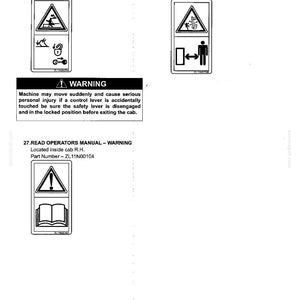 以下が含まれることがあります： Section I - SAFETY PRECAUTIONSと題された技術文書のページで、3つの安全ラベルが記載されています。ラベルには、安全ロックレバーの警告、アタッチメントの注意、オペレーターマニュアルの読み取りに関する警告が含まれており、それぞれに対応するアイコンと部品番号が示されています。