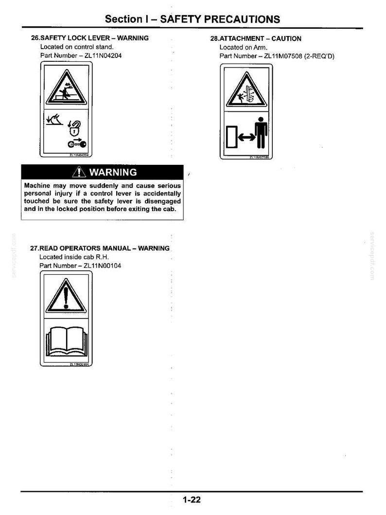 以下が含まれることがあります： Section I - SAFETY PRECAUTIONSと題された技術文書のページで、3つの安全ラベルが記載されています。ラベルには、安全ロックレバーの警告、アタッチメントの注意、オペレーターマニュアルの読み取りに関する警告が含まれており、それぞれに対応するアイコンと部品番号が示されています。