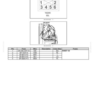 May include: Diagram of electrical connectors, labeled CN.A21 and CN.A21F, with pin configurations and wire details. Includes a table with pin numbers, wire descriptions, and color-size information. The text "YAZAKI SDL" is also visible.