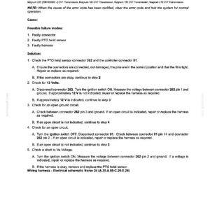 May include: A document with the title "3121-PTO Twist Sensor - Open Circuit" detailing fault codes and solutions for a vehicle's PTO twist sensor. The document includes troubleshooting steps and wiring harness information.