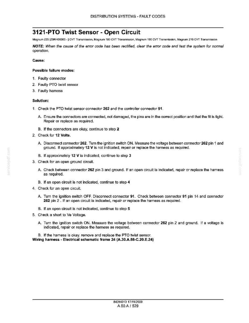 May include: A document with the title "3121-PTO Twist Sensor - Open Circuit" detailing fault codes and solutions for a vehicle's PTO twist sensor. The document includes troubleshooting steps and wiring harness information.