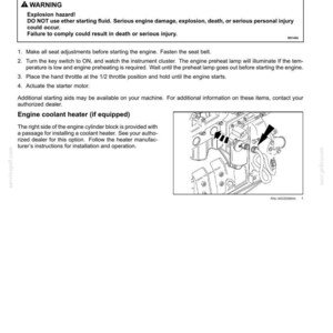 Puede incluir: Una p&aacute;gina de un manual titulada "Ayudas para el arranque del motor". Incluye una advertencia sobre riesgos de explosi&oacute;n e instrucciones para arrancar el motor, junto con un diagrama de los componentes del motor.