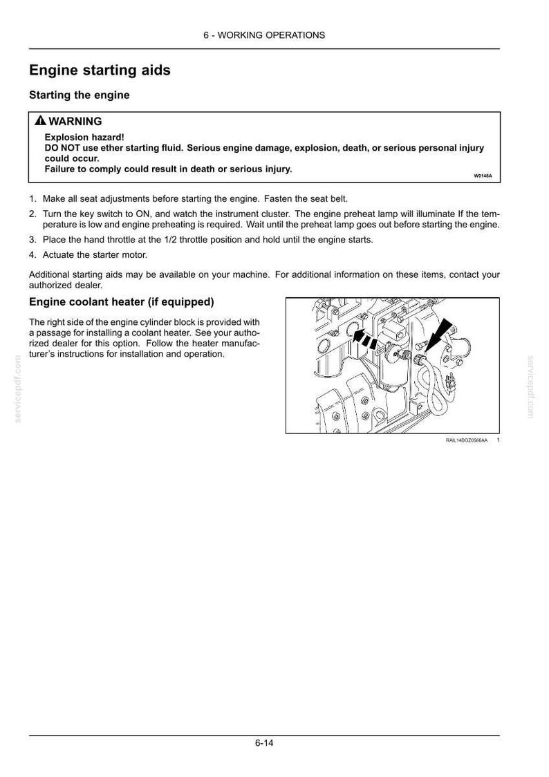 Puede incluir: Una p&aacute;gina de un manual titulada "Ayudas para el arranque del motor". Incluye una advertencia sobre riesgos de explosi&oacute;n e instrucciones para arrancar el motor, junto con un diagrama de los componentes del motor.