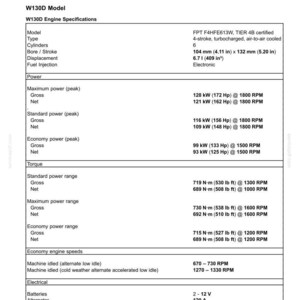 May include: A technical specification document for the W130D model engine, detailing engine type, 6 cylinders, 4.11 in x 5.20 in bore/stroke, 409 in&sup3; displacement, electronic fuel injection, power ratings in kW and HP, and torque in N&middot;m and lb ft.