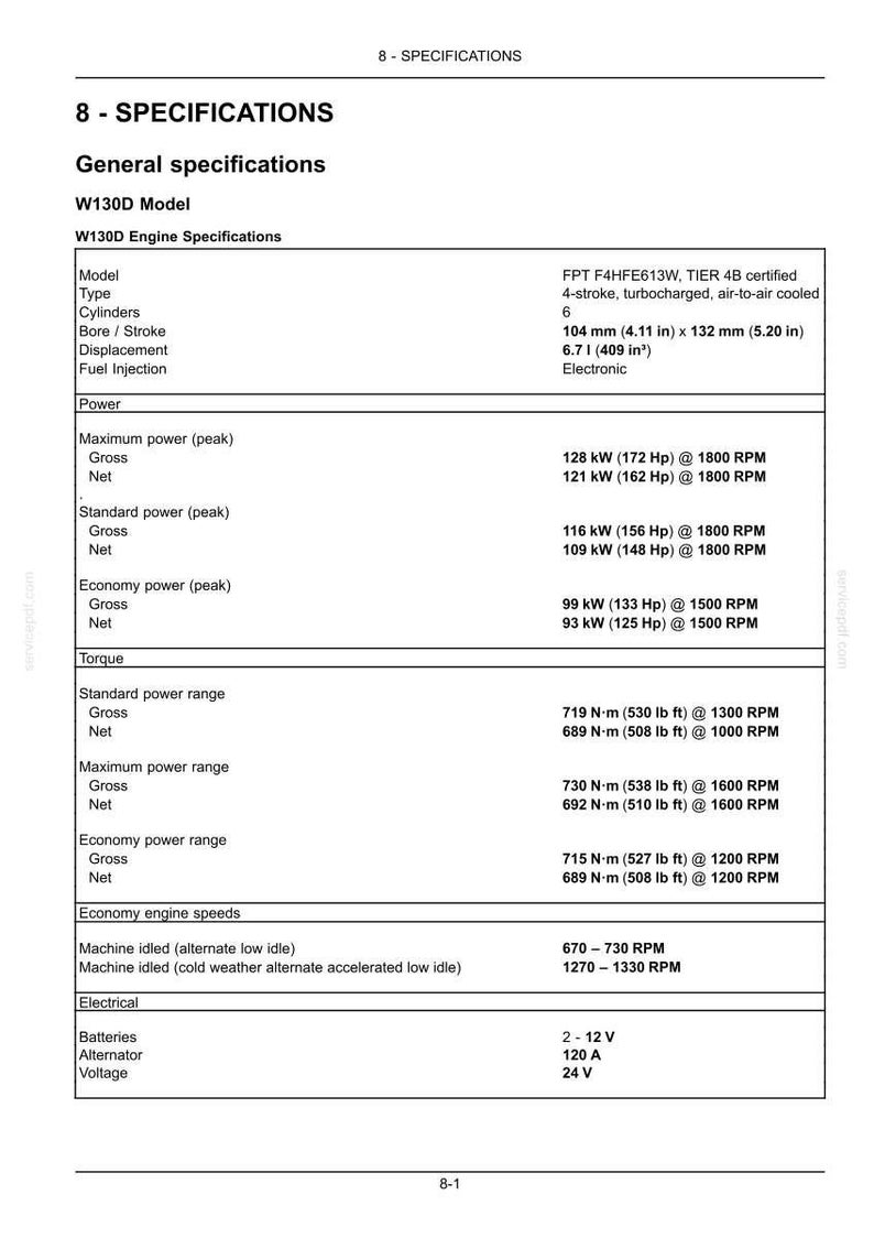 May include: A technical specification document for the W130D model engine, detailing engine type, 6 cylinders, 4.11 in x 5.20 in bore/stroke, 409 in&sup3; displacement, electronic fuel injection, power ratings in kW and HP, and torque in N&middot;m and lb ft.