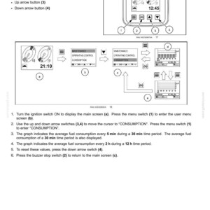May include: Diagram of a vehicle's control panel with buttons and display screens. The screens show information about fuel consumption, with instructions on how to navigate the menu and view data.