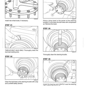 May include: A series of technical diagrams illustrating automotive repair steps. The images show detailed instructions for tasks such as installing wheel studs, cleaning bolt holes, and applying oil to bearings. Text labels accompany each step.
