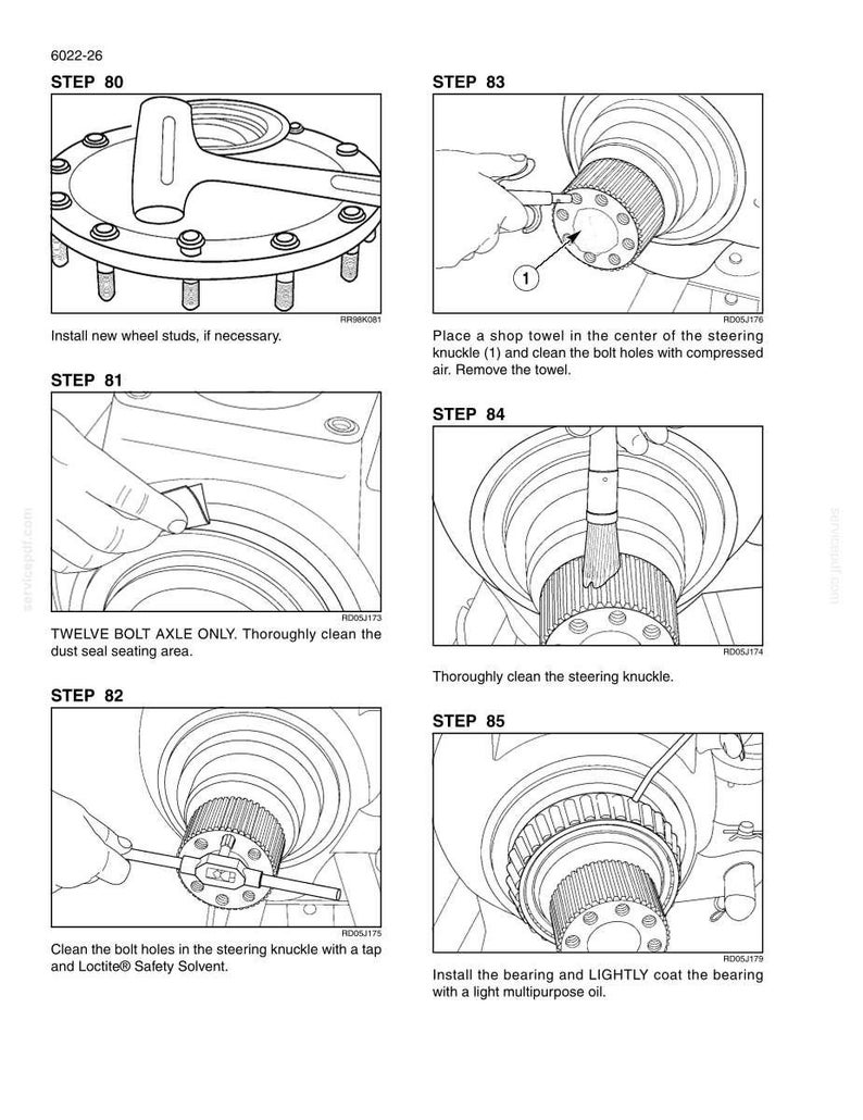 May include: A series of technical diagrams illustrating automotive repair steps. The images show detailed instructions for tasks such as installing wheel studs, cleaning bolt holes, and applying oil to bearings. Text labels accompany each step.
