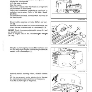 May include: Diagram illustrating the removal of a counterweight from a machine. The image includes detailed close-ups of components, such as screws, washers, and electrical connectors, with numbered labels for each part. Text instructions are also included.