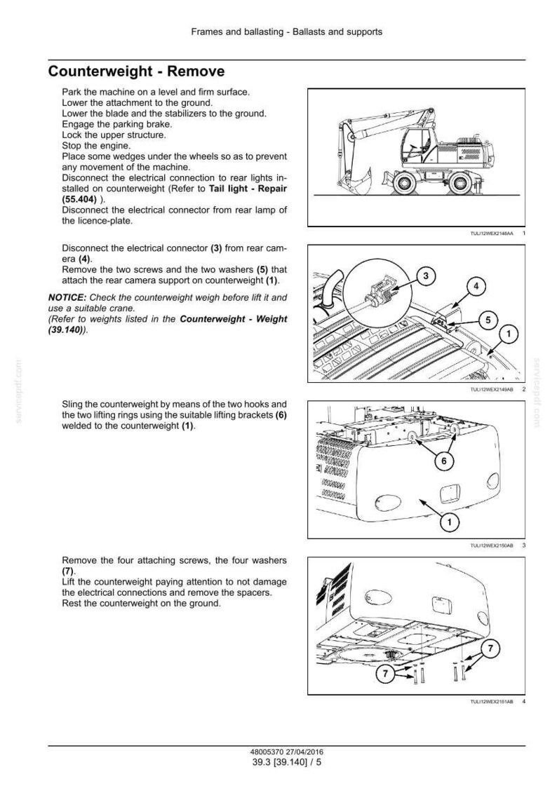 May include: Diagram illustrating the removal of a counterweight from a machine. The image includes detailed close-ups of components, such as screws, washers, and electrical connectors, with numbered labels for each part. Text instructions are also included.
