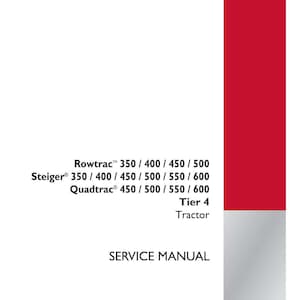 May include: A white service manual with red accents. The cover features the text "Rowtrac, Steiger, Quadtrac" and "Tier 4 Tractor." The Case IH Agriculture logo is in the bottom right corner. The manual includes part numbers and the date February 2013.